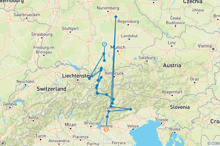 Karte von Via Claudia Augusta - Alpenüberquerung Augsburg - Verona via Gardasee - sportlich (10 Tage)