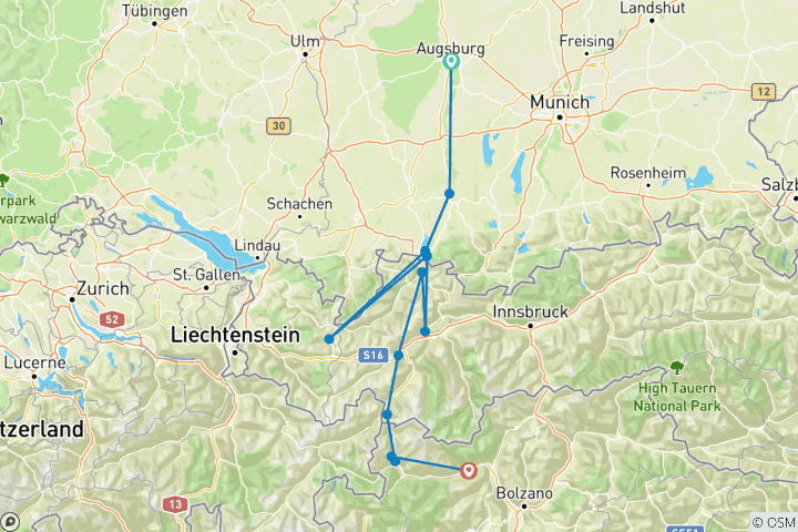 Karte von Via Claudia Augusta - Alpenüberquerung Augsburg - Meran (8 Tage)