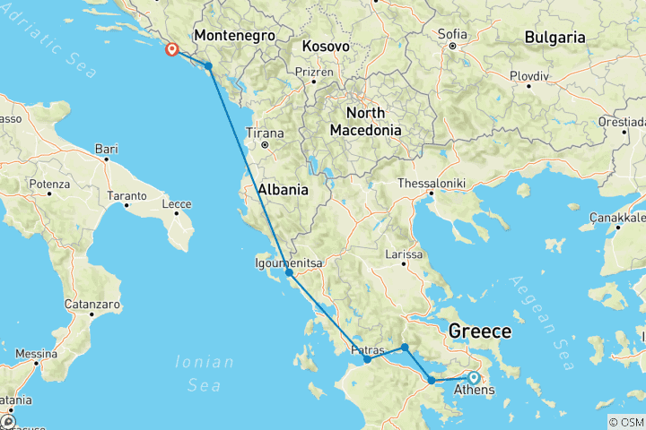 Carte du circuit D'Athènes à Dubrovnik <br />
Le canal de Corinthe, les Météores et la baie de Kotor - croisière de port à port