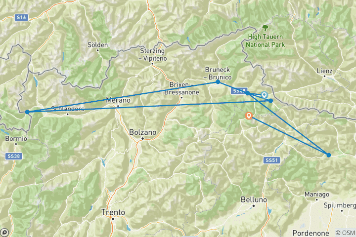 Map of Italy - Rally valley bike trails Dolomites (7 days)