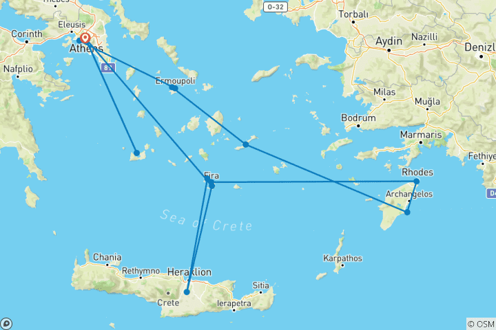 Map of The Mysterious Cyclades and Dodecanese Islands in the Aegean Sea (port-to-port cruise)