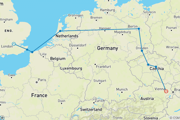 Mapa de Ruta de Londres a Viena - invierno, inicia en Londres, 8 días