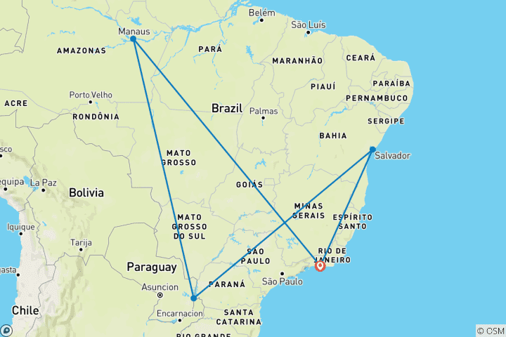 Mapa de ¡Increíble Brasil! Río de Janeiro, Salvador, Manaos y cataratas de Iguazú