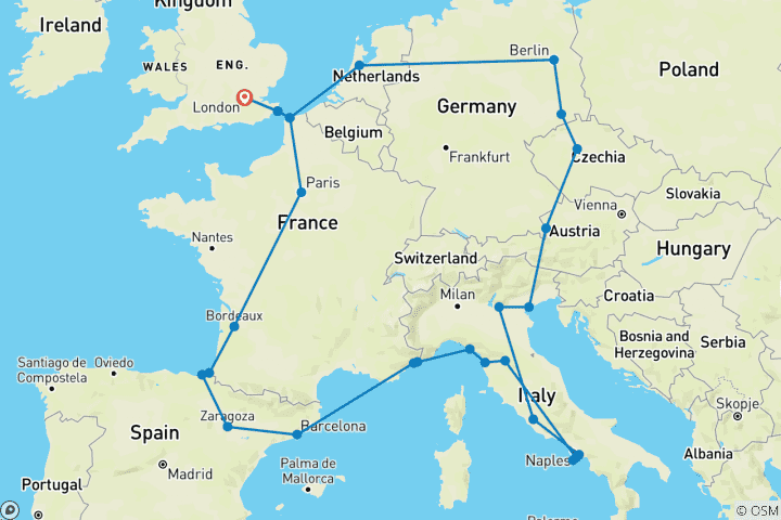 Kaart van Europese zoektocht (Winter, start Parijs, klassiek, 25 dagen)