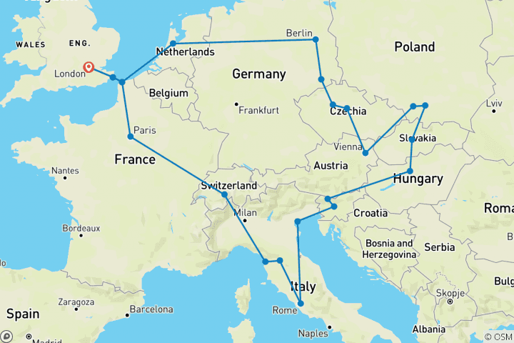 Karte von Europäische Route (ab Amsterdam) - 23 Tage