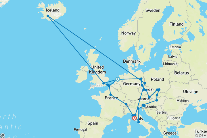 Kaart van Europese Trail (Winter, Start Amsterdam, Klassiek, 23 Dagen)