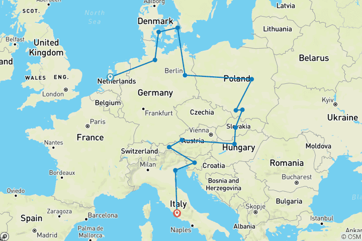 Carte du circuit Vistas de Londres à Rome (Départ d'Amsterdam, 19 jours) (from Amsterdam to Rome)