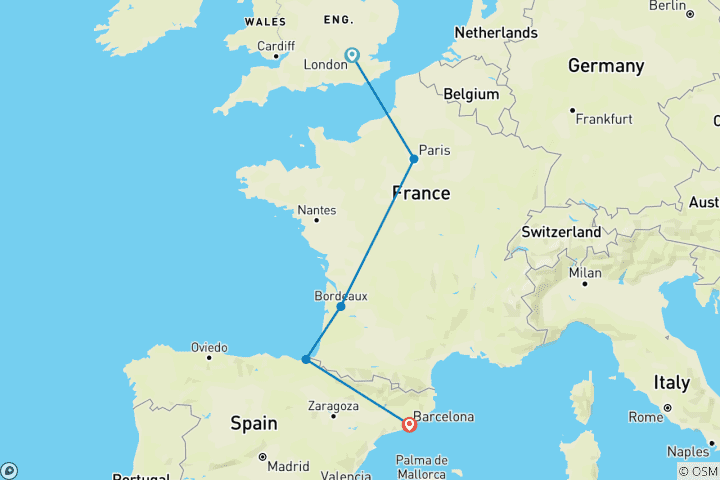 Map of London to Barcelona Quest (Standard, Winter ( Until Mar '27), Start Paris, Classic)