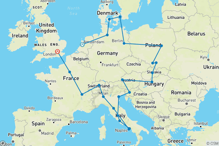 Carte du circuit European Vistas - hiver, départ d'Amsterdam, 28 jours