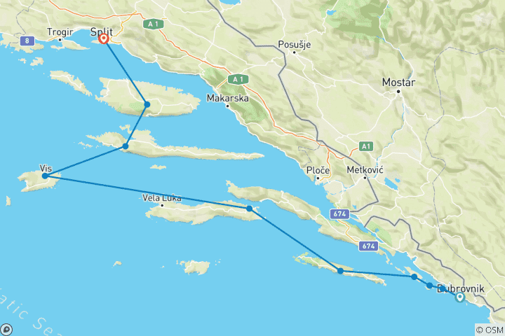 Map of Croatia Sailing Adventure: Dubrovnik to Split