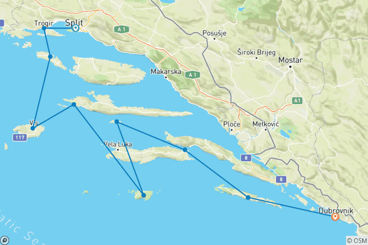 Carte du circuit Aventure de voile en Croatie : De Split à Dubrovnik