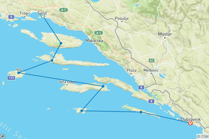 Map of Croatia Sailing Adventure: Split to Dubrovnik