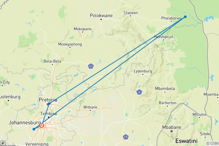 Carte du circuit Safari en Afrique du Sud - 8 jours