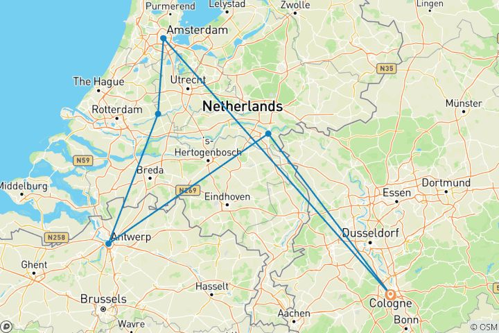 Carte du circuit Pays-Bas et Belgique. Cologne - Amsterdam - Cologne