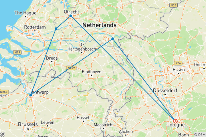 Carte du circuit Pays-Bas et Belgique. Cologne - Utrecht - Cologne