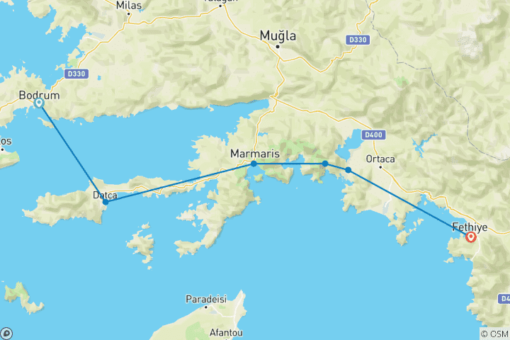 Map of 7-day Bodrum to Fethiye cruise