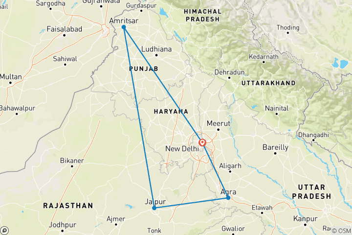 Mapa de Viaje de 6 días al triángulo de oro con Amritsar desde Delhi