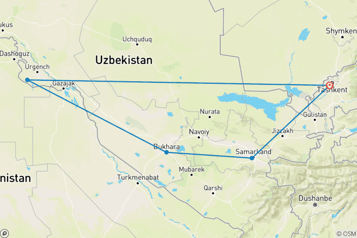 Map of Uzbekistan cultural tour - 10 days