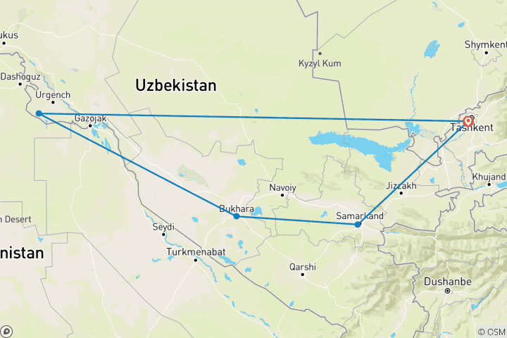 Map of Uzbekistan cultural tour - 10 days