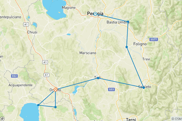 Map of Umbria, Cycling The Green Heart of Italy - 8 day tour - Classic Self Guided