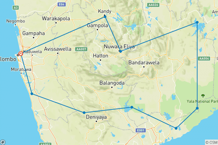 Mapa de Safari, excursión y senderismo en Sri Lanka - 8 días