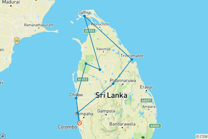 Mapa de Sri Lanka noreste y playa - 10 días