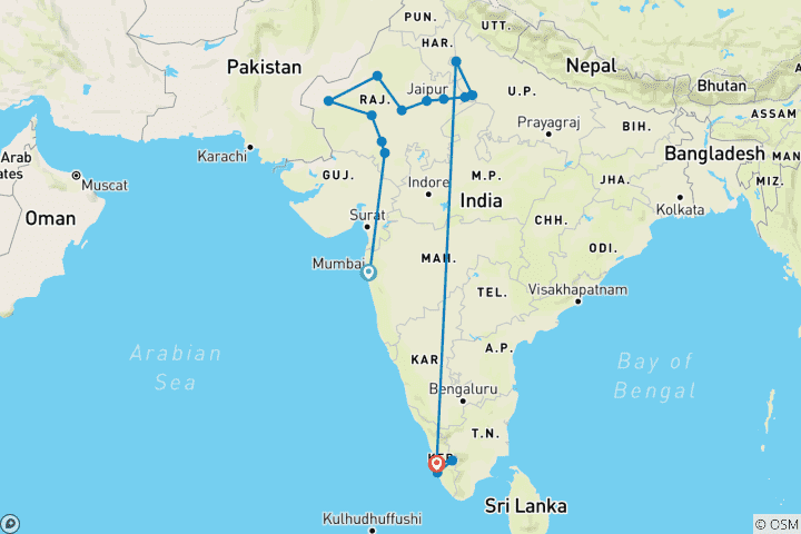 Kaart van Rondreis Noord-India met Kerala