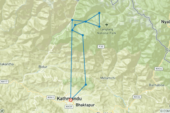 Kaart van Langtang Vallei, Gosainkunda en Helambu Trek - 16 Dagen