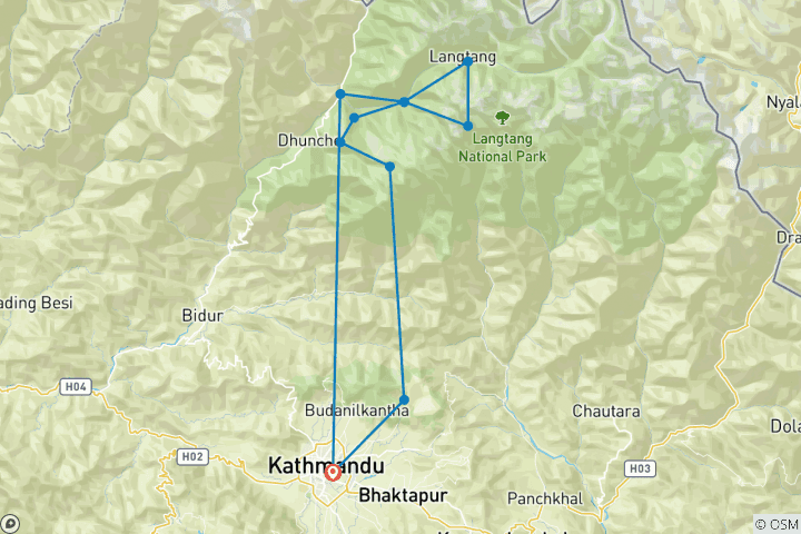 Kaart van Langtang Vallei, Gosainkunda en Helambu Trek - 16 Dagen