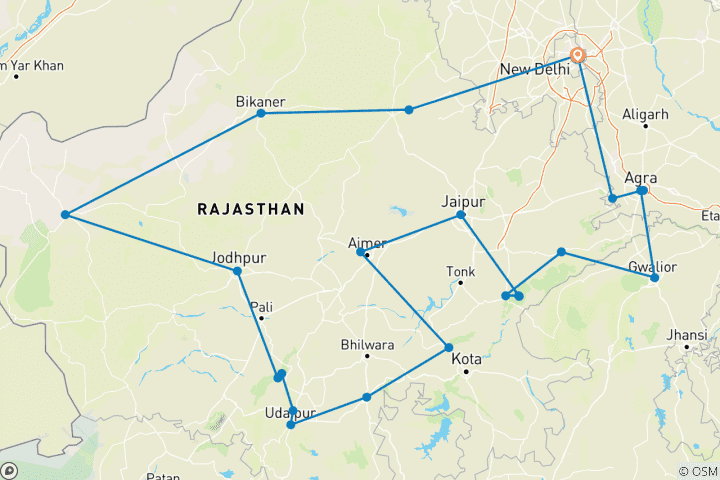 Map of North India Highlights Trip