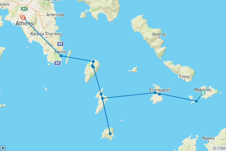 Mapa de Navega y Camina por Grecia: De Mykonos a Atenas