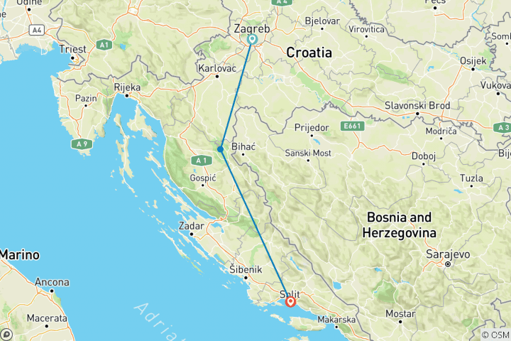 Carte du circuit De Zagreb à Split - 4 jours