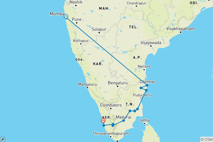 Map of South India Tour from Mumbai