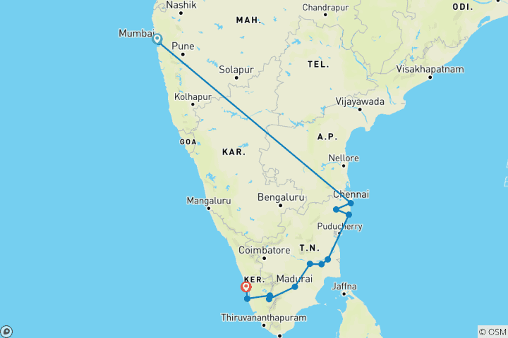 Map of South India Tour from Mumbai