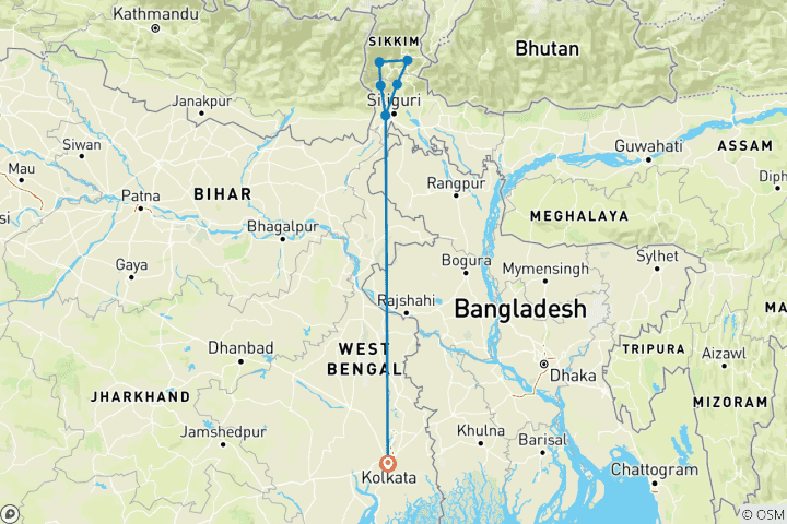 Carte du circuit Circuit dans le nord- est de l'Inde au départ de Kolkata