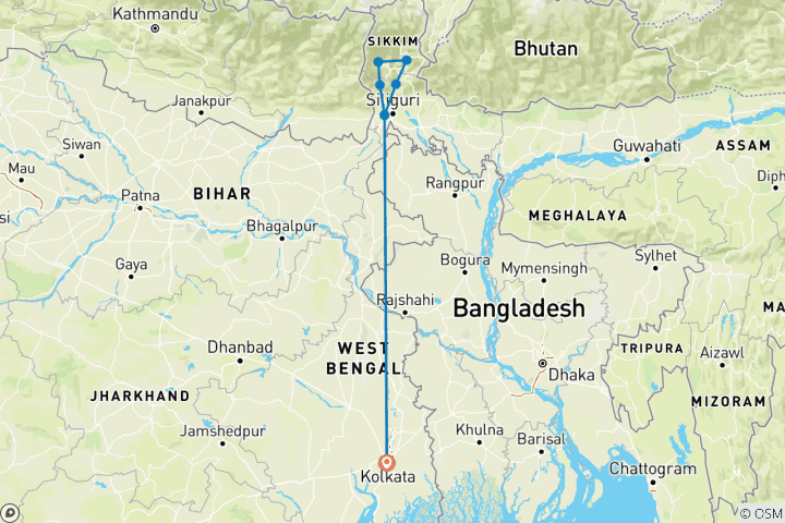 Map of North East India Tour from Kolkata