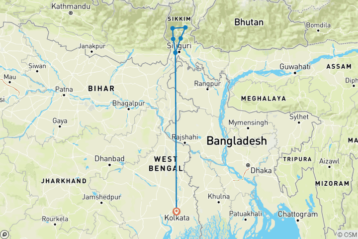 Kaart van Rondreis door Noordoost-India vanuit Kolkata