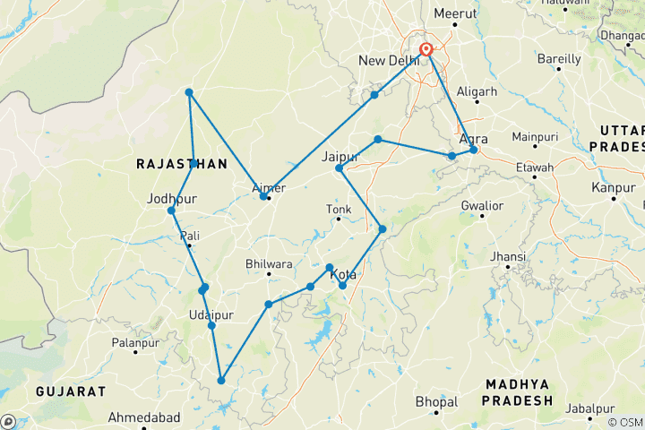 Kaart van Culturele Noord-India Tour