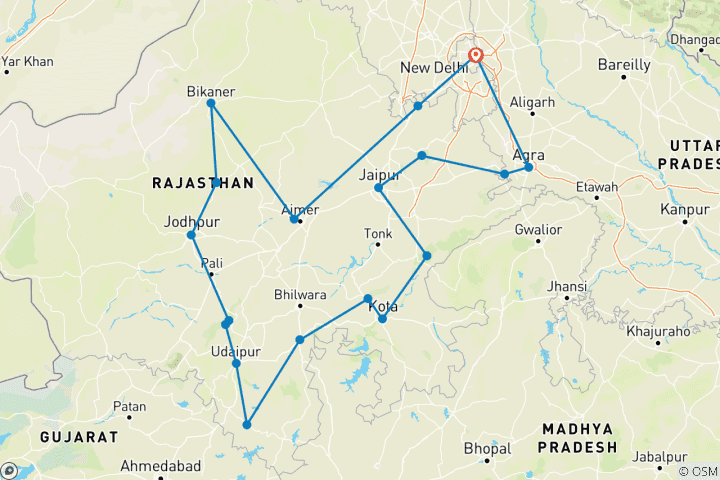 Map of Cultural North India Tour