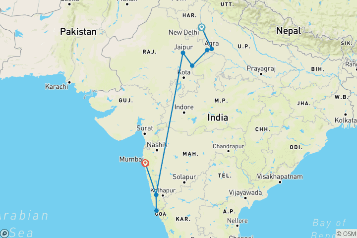 Kaart van Rondreis Noord-India met Goa