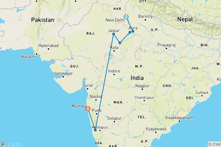 Karte von Nordindien Rundreise mit Goa