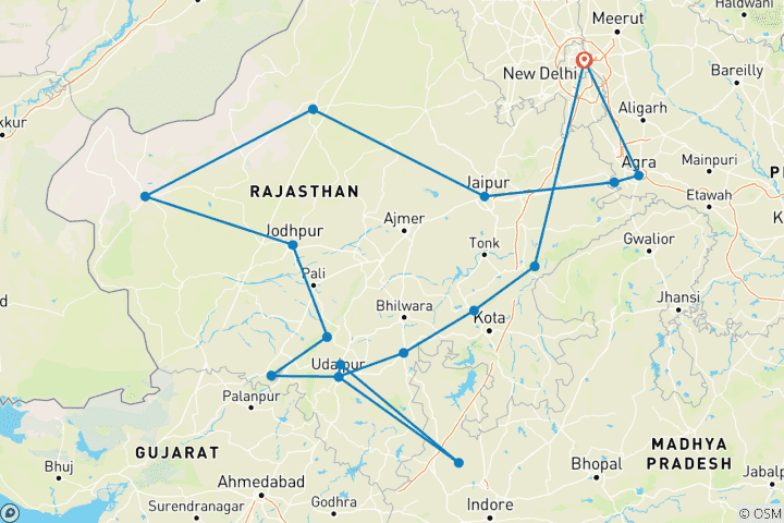 Mapa de Circuito cultural al norte de la India desde Delhi
