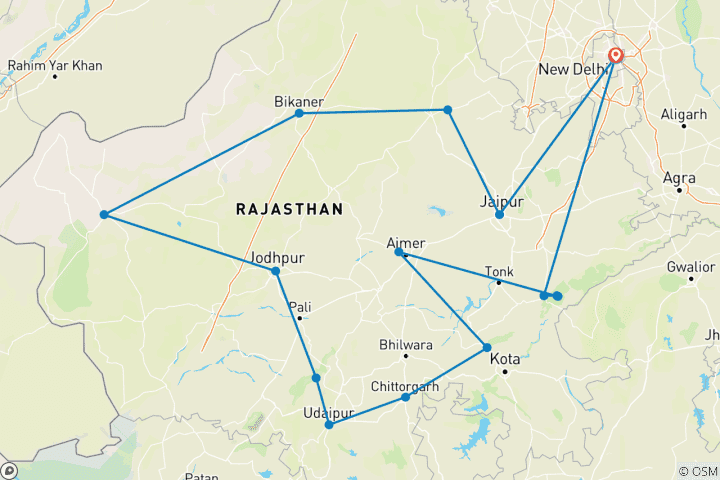 Kaart van Rondreis door Rajasthan vanuit New Delhi