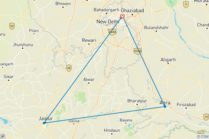 Map of Golden Triangle Tour with Leopard Safari and Taj Mahal Sunrise/Sunset - 5 Day