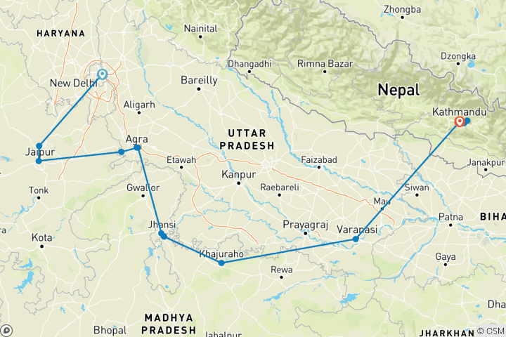 Kaart van Rondreis Noord-India met Nepal