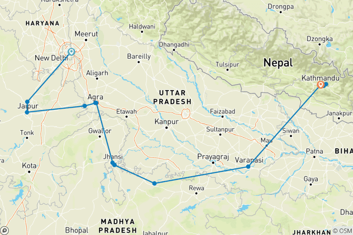 Kaart van Rondreis Noord-India met Nepal