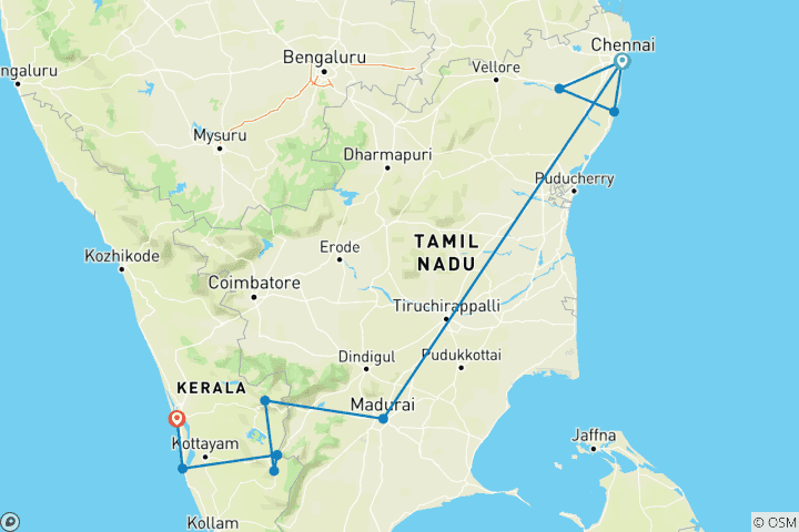 Kaart van Tamil Nadu met Kerala rondreis