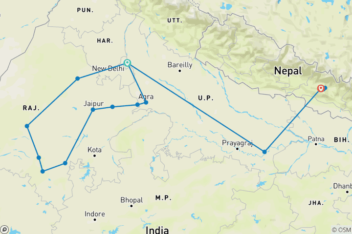 Kaart van Rajasthan met Nepal Tocht