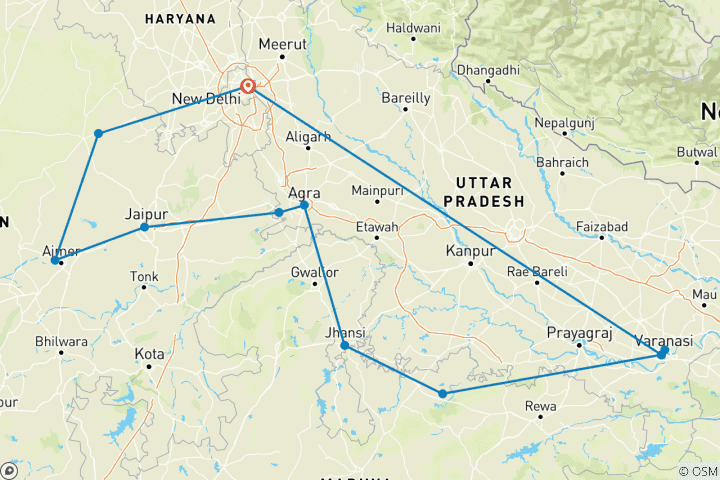 Kaart van Het beste van Noord-India met Varanasi