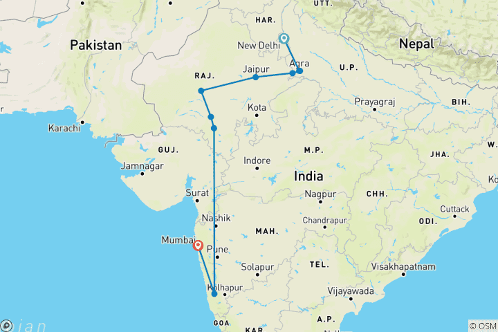 Kaart van Noord-India met Goa en Mumbai